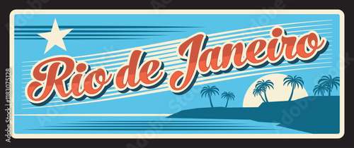 Brazil Rio De Janeiro, retro travel plate of Brazilian district and state, vector. Brasil estados metal plaque with city tagline, flag and landmark of sunset and palm trees. Rio de Janeiro signage