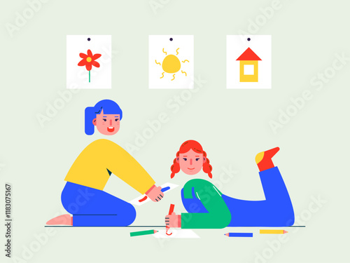 Girl is learning to draw. Homeschooling illustrations. Flat vector illustrations