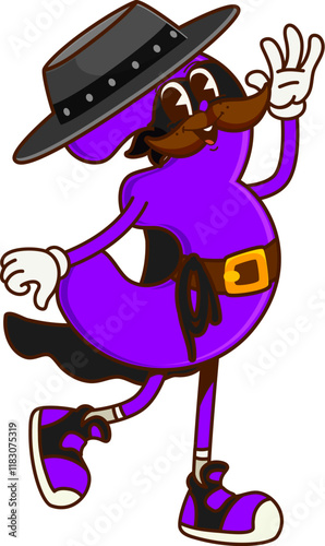 Groovy cartoon math number 3 cowboy or Western bandit, vector funny character. Groovy number Three 3 as Texas ranger or Wild West cowboy in robber mask with face and mustaches as cartoon character