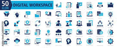 DIGITAL WORKSPACE ICON SET With Achieving Goals, Content Marketing, Lecture, Headhunting, Partnership, Workplace, Collaboration, Autonomy, Appreciation and Files And Folders
