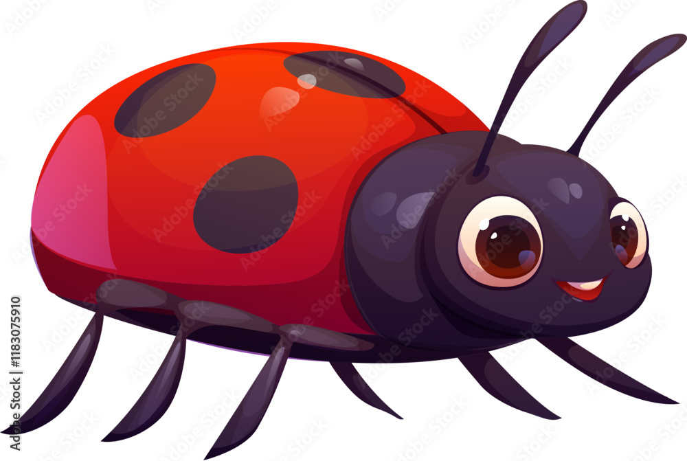 Obraz premium Cartoon funny ladybug insect character. Isolated vector funny ladybird pest with a vivid red shell, black spots, antennas, large friendly eyes and an expressive smile. Cute lady beetle or lady cow bug