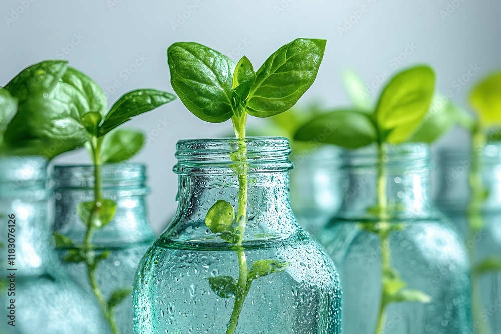 Young plants sprouting in glass bottles, representing growth and new beginnings. A symbol of freshness and nature's resilience. Young plants sprouting in glass bottles, representing growth and new beginnings. A symbol of freshness and nature's resilience.
