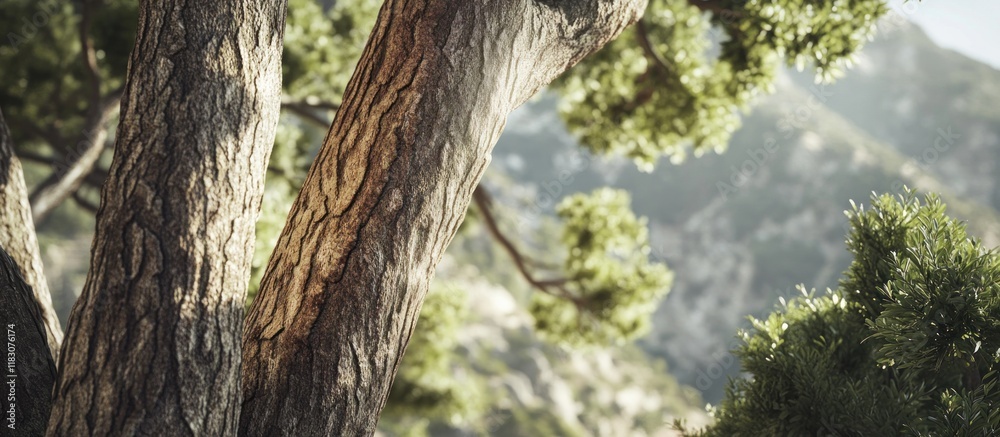 Close-up of tree bark texture with blurred mountain background. Close-up of tree bark texture with blurred mountain background.