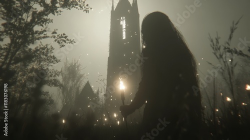 Solitary Figure with Torch at Ruins of Gothic Church photo