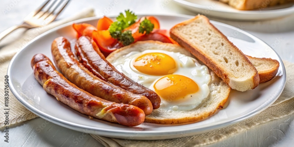 Hearty Breakfast Plate with Fried Eggs, Sausages, Toast, and Tomatoes Hearty Breakfast Plate with Fried Eggs, Sausages, Toast, and Tomatoes