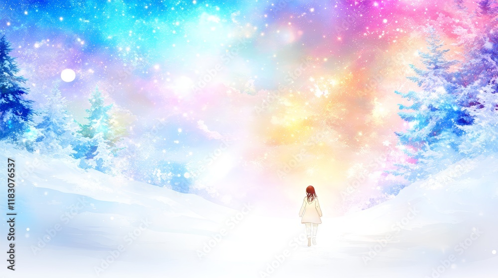 Solitary Girl in Winter Wonderland, Pastel Sky Solitary Girl in Winter Wonderland, Pastel Sky