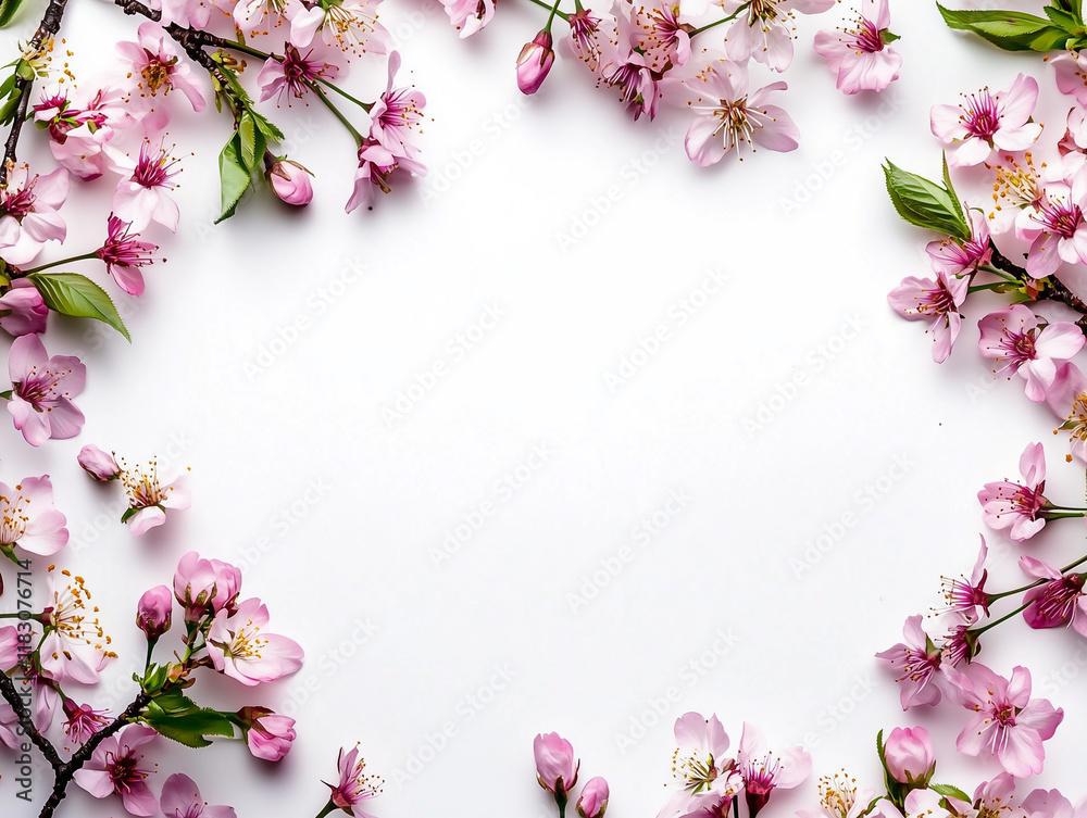 A frame with cherry blossom flowers on a clear white background. A greeting card design for holiday, Mother's day, Easter, Valentine day A frame with cherry blossom flowers on a clear white background. A greeting card design for holiday, Mother's day, Easter, Valentine day