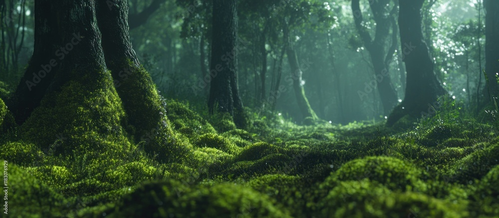 Fototapeta premium Lush green moss covers the forest floor, with tall trees in the background, creating a mystical atmosphere.