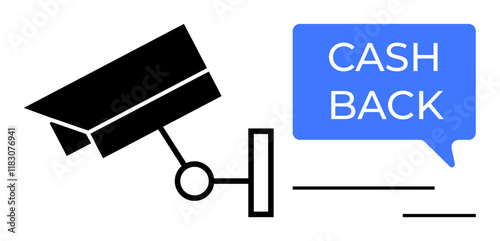 Black security camera pointing towards a blue speech bubble with CASH BACK text. Ideal for finance, security, incentives, surveillance, financial rewards, marketing, control. Abstract line flat