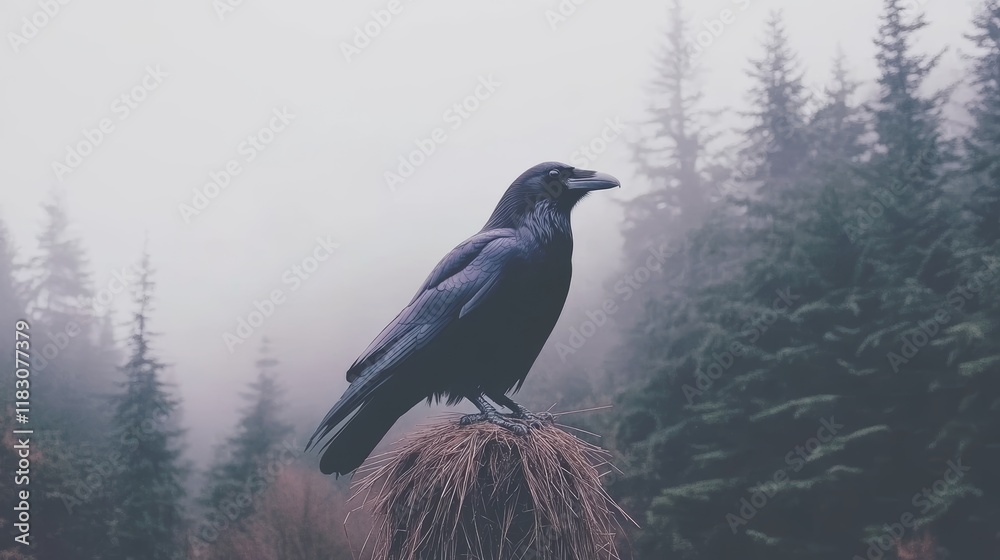 Fototapeta premium Solitary Raven in Misty Mountain Forest