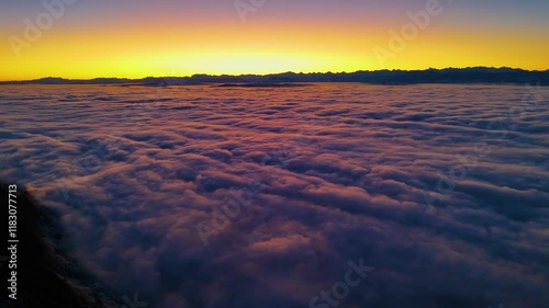 Just before the last sunrise of the year 2024. View on central and west part of Swiss Alps. Central Switzerland hiding under beautiful cover of clouds.