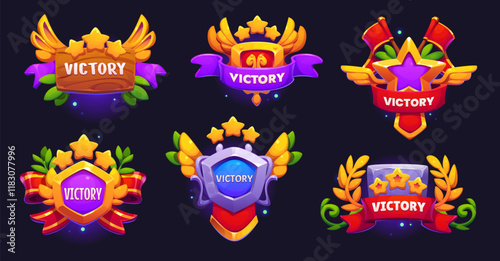Game victory icons, ui award badge asset. Vector level pop up screens with stars, green leaves, stone or wooden plates, wings and ribbons or banners. Gui buttons for mobile app menu interface