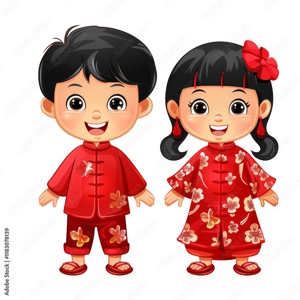 A young boy and girl in traditional Chinese clothing, standing together. They both have black hair and smiling faces. A young boy and girl in traditional Chinese clothing, standing together. They both have black hair and smiling faces.