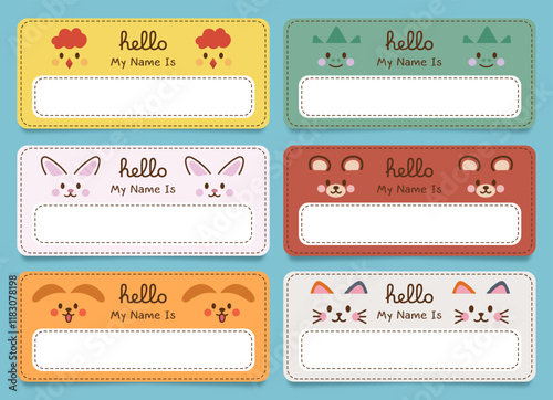 Set of cute name tag label template for school, Notebooks, Books, Stationery, Backpacks, Lunch Boxes. School label animal stickers for kids. 