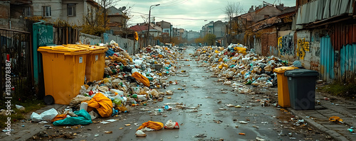 Urban Decay Realistic Photo: Overflowing Trash and Debris Clogging City Street photo