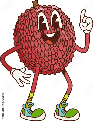 Cartoon retro groovy lychee fruit character gesturing with raised finger, exuding great idea and fun. Isolated vector ripe and cheerful tropical fruit retro personage in vintage sneakers and gloves