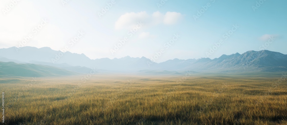 Fototapeta premium Serene landscape Misty mountains and golden field under a clear sky.