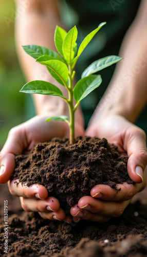 Close-Up of Hands Planting Tree Sapling