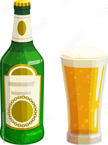 Beer alcohol bottle and glass. Isolated vector green bottle with a label and a full glass of frothy classic beer drink with fizzing bubbles, evokes a sense of refreshing, coldness and anticipation