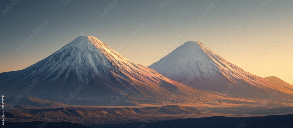 Fototapeta premium Majestic twin volcanic peaks at sunrise, snow-capped mountains.