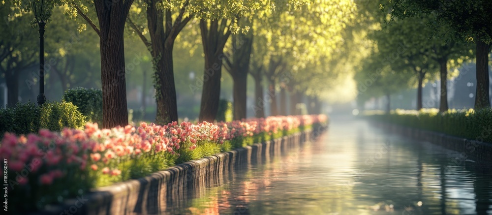 Obraz premium Sunlit canal path lined with blossoming flowers and trees.