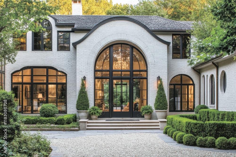Modern residential architecture featuring a spacious front entrance with large windows and manicured landscaping in a tranquil suburban setting Modern residential architecture featuring a spacious front entrance with large windows and manicured landscaping in a tranquil suburban setting
