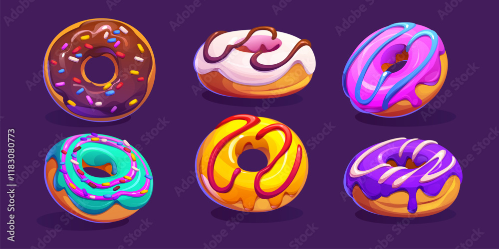 Cartoon dessert game donuts. Isolated vector tasty doughnut treats drizzled with vibrant glazes, icing, chocolate sauce and colorful sprinkles. Bakery, confection or pastry, sweet food with toppings Cartoon dessert game donuts. Isolated vector tasty doughnut treats drizzled with vibrant glazes, icing, chocolate sauce and colorful sprinkles. Bakery, confection or pastry, sweet food with toppings