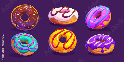 Cartoon dessert game donuts. Isolated vector tasty doughnut treats drizzled with vibrant glazes, icing, chocolate sauce and colorful sprinkles. Bakery, confection or pastry, sweet food with toppings