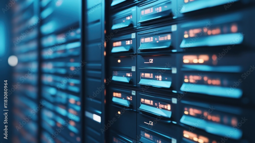 Close-up of a server rack with glowing lights in a data center.