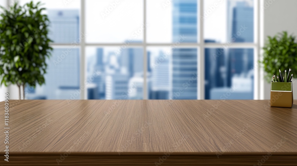 Fototapeta premium Wide Shot Photo: Modern Wooden Table Mockup, Brightly Lit Cityscape Background. AI Generated
