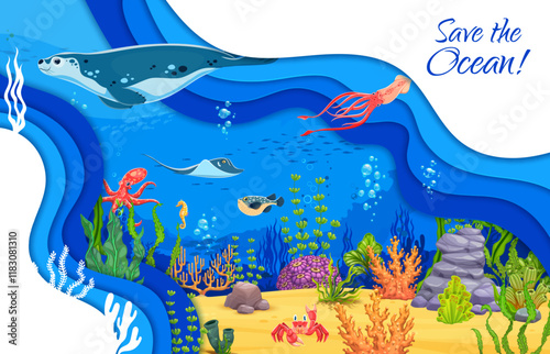 Save the ocean paper cut underwater landscape poster with fur seal, octopus and squid, crab, stingray and seahorse characters. Vector 3d paper cut eco concept with sea animals, save the ocean banner