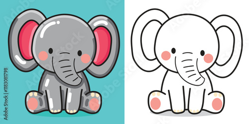 A cartoon baby elephant doll illustration for coloring book element or design element