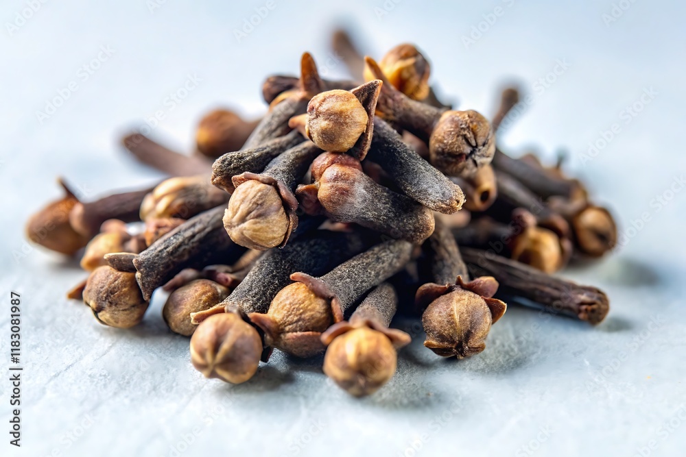 Obraz premium A close-up shot of dried cloves, the aromatic flower buds of the clove tree, piled together on a white background.