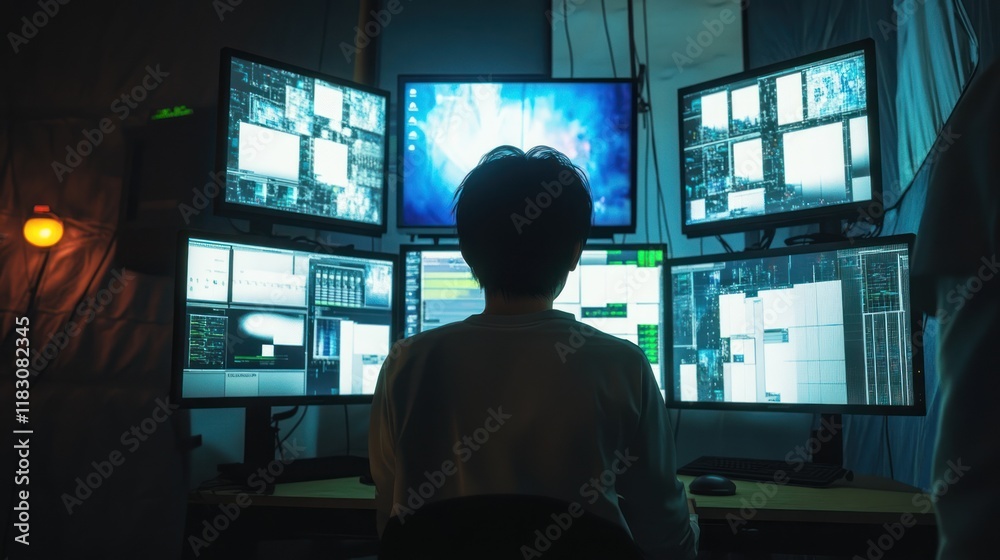 Person sits before six computer monitors displaying complex data at night. Person sits before six computer monitors displaying complex data at night.
