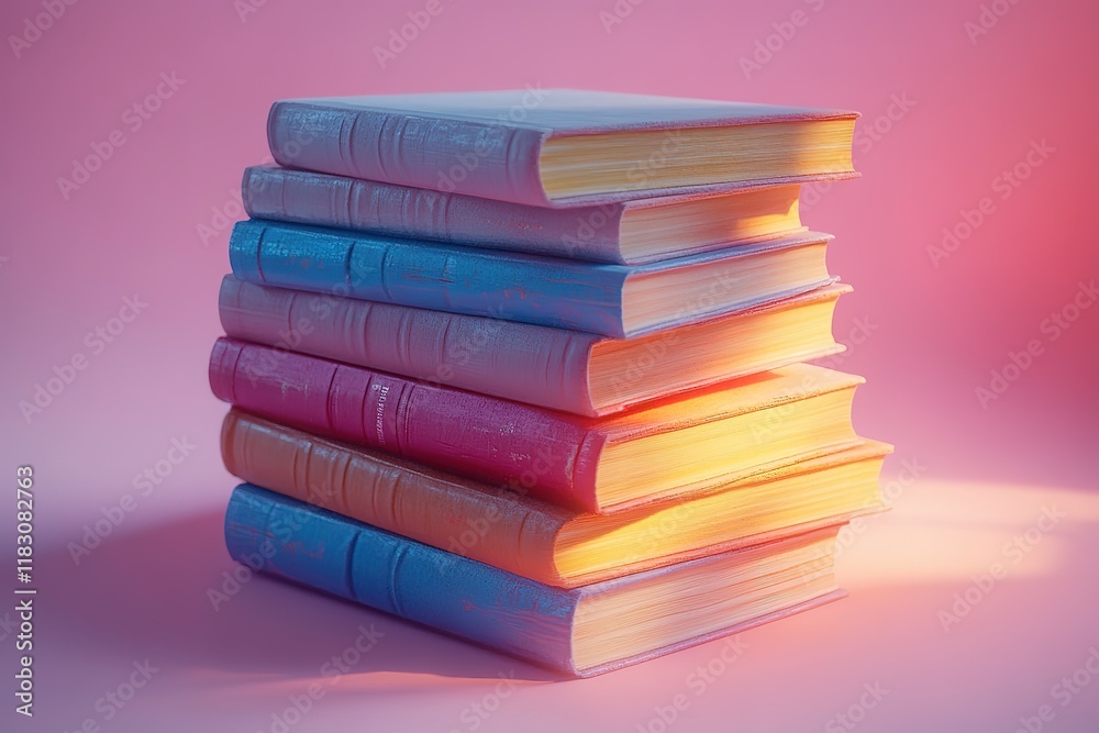 Stack of colorful books illuminated by warm light, creating a visually appealing and inviting image. Stack of colorful books illuminated by warm light, creating a visually appealing and inviting image.