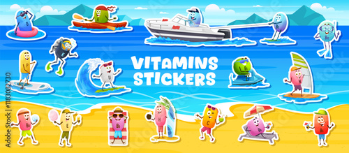 Stickers pack of cartoon micronutrient and vitamin characters on summer vacation by the beach engaging in outdoor activities like surfing, boating, kayaking, swimming, sunbathing, with relaxation fun