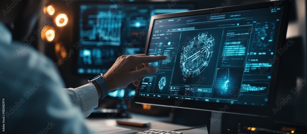 Fototapeta premium Person interacts with a computer displaying a 3D brain model and other data.