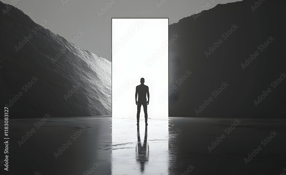 A Silhouette of a Man Standing Before a Luminous Gateway in a Dark, Mountainous Landscape A Silhouette of a Man Standing Before a Luminous Gateway in a Dark, Mountainous Landscape