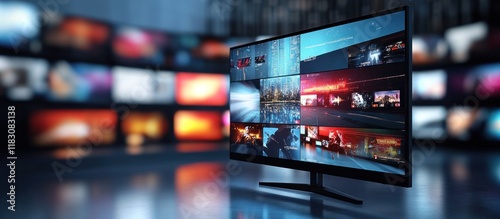 Modern monitor displaying multiple video streams against a blurred background of screens.