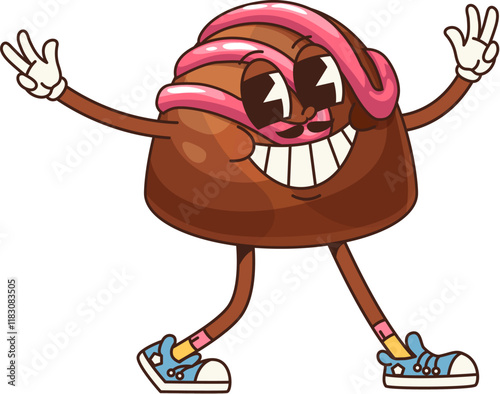 Retro groovy candy sweet cartoon funny character with happy smile on face, vector confection. Funky groovy candy or praline nougat with pink caramel and happy smiling for dessert cartoon character