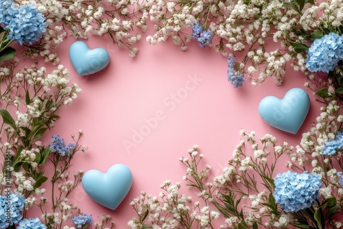 Soft Blue Hearts Surrounded by Delicate Flowers on a Pink Background Perfect for Valentine's Day Celebrations and Romantic Greetings