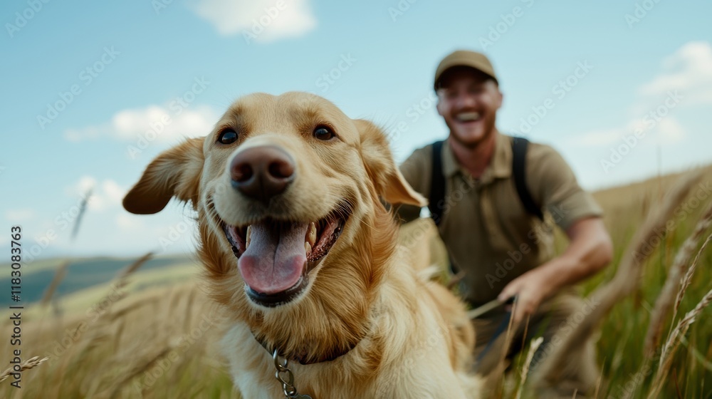 A joyful man walks his golden retriever through a sunny, grassy field, capturing a moment of happiness and companionship. A joyful man walks his golden retriever through a sunny, grassy field, capturing a moment of happiness and companionship.