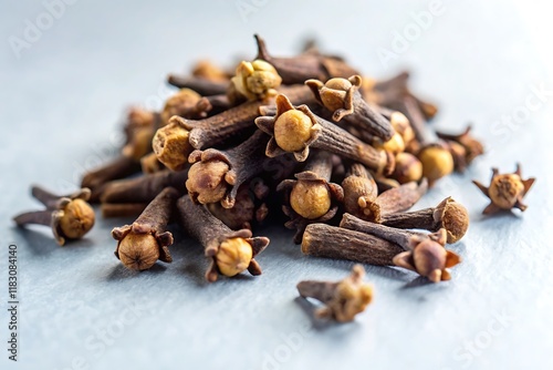 A close-up shot of dried cloves, the aromatic flower buds of the clove tree, piled together on a white background.
