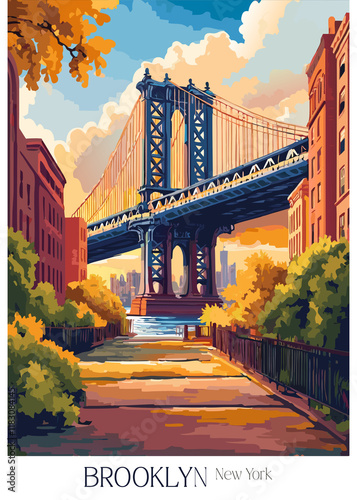 Brooklyn New York poster style illustration. Travel print decor gift paper canvas wall retro art photo
