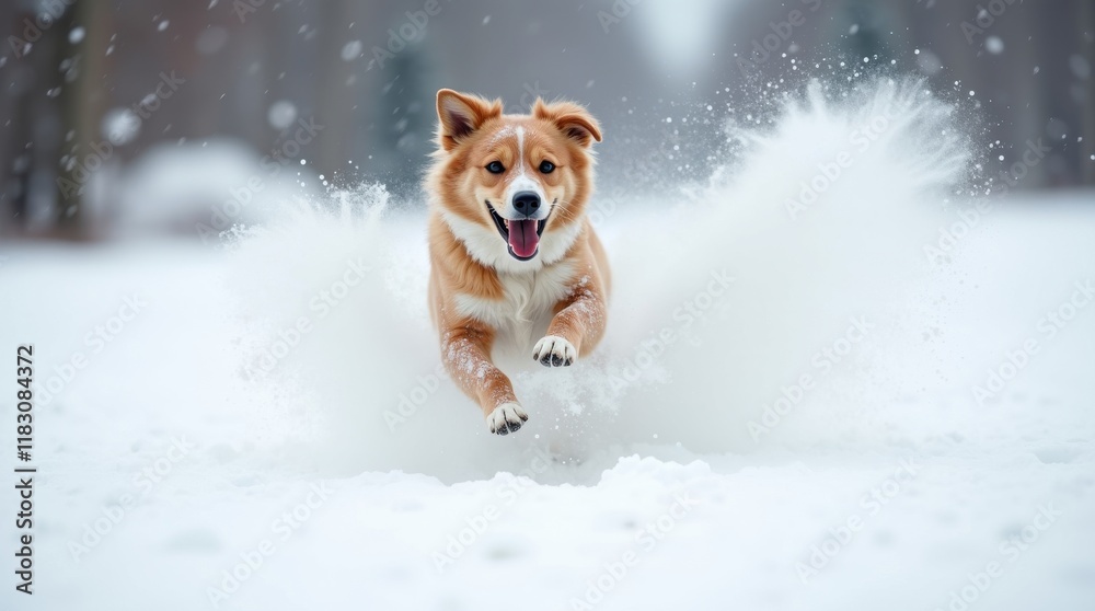 Happy dog plays in snow day wonderland outdoor park animal photography winter landscape playful atmosphere Happy dog plays in snow day wonderland outdoor park animal photography winter landscape playful atmosphere