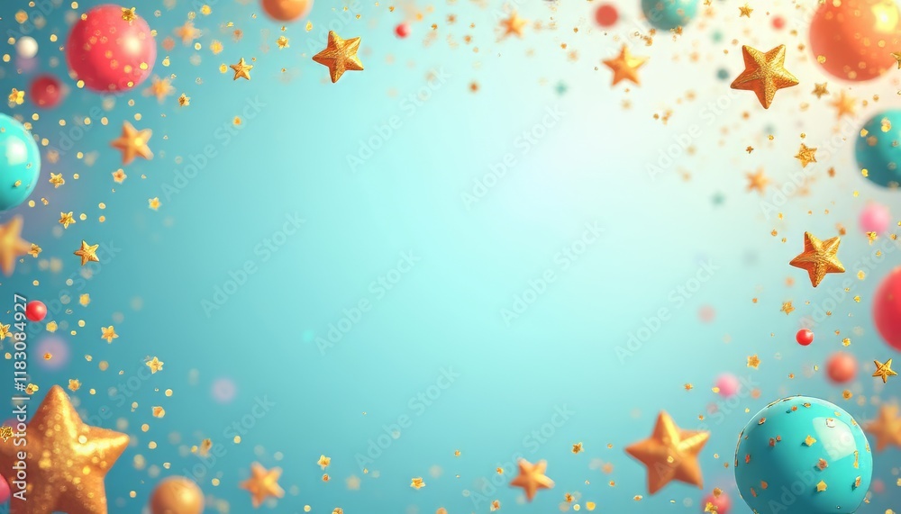 Colorful festive background with stars and baubles on a bright blue canvas. Colorful festive background with stars and baubles on a bright blue canvas.