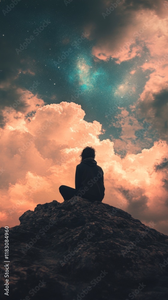 Silhouette of a person sitting on a rock looking up at the night sky Silhouette of a person sitting on a rock looking up at the night sky