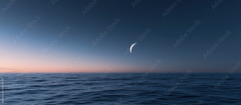 Crescent moon over tranquil ocean at dusk. Crescent moon over tranquil ocean at dusk.