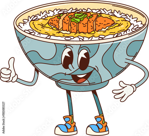 Cartoon retro groovy Katsudon donburi character. Isolated vector playful bowl of Katsudon, a Japanese rice dish funky personage with a smiling face, full of crispy cutlets over rice, gives a thumbs up