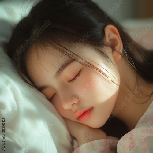 Serene Asian Woman Resting in Cozy Minimalist Bedroom with Diffused Lighting